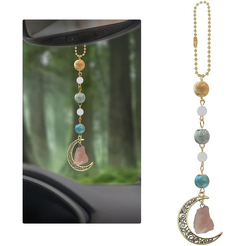 TEMU Bohemian Moon Pendant, Crystal Rearview Mirror Pendant, Women' Additions, Cute Ceramic Additions