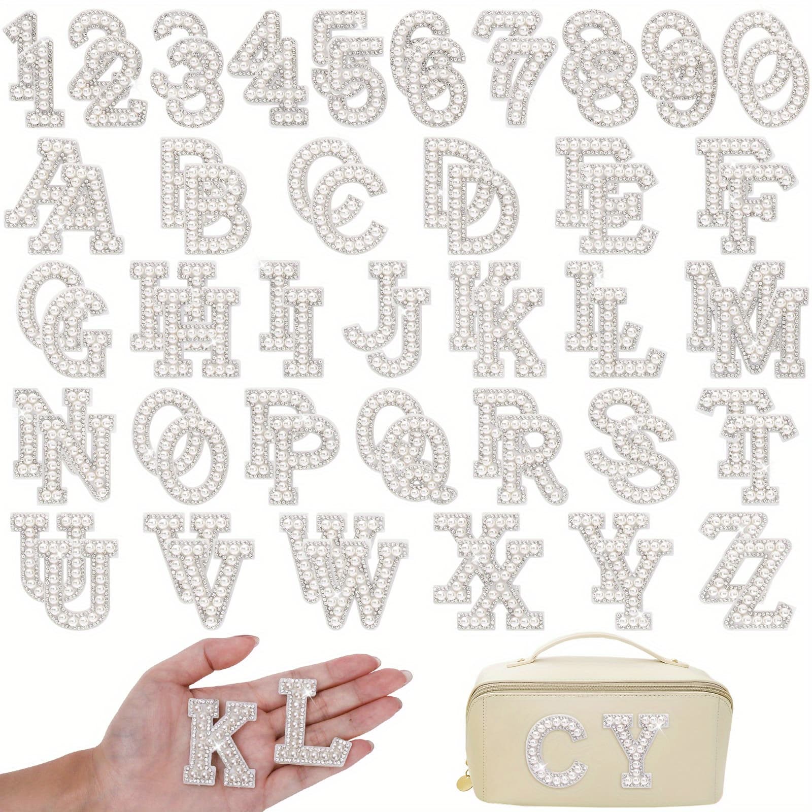 TEMU 72pcs Pearl Letter Patches, Self-adhesive A-z & 0-9 Stick-on Patches For Clothing, Fabric, Backpacks, Crafts, Bags, Hats, Diy Decorations, And Wedding Decor