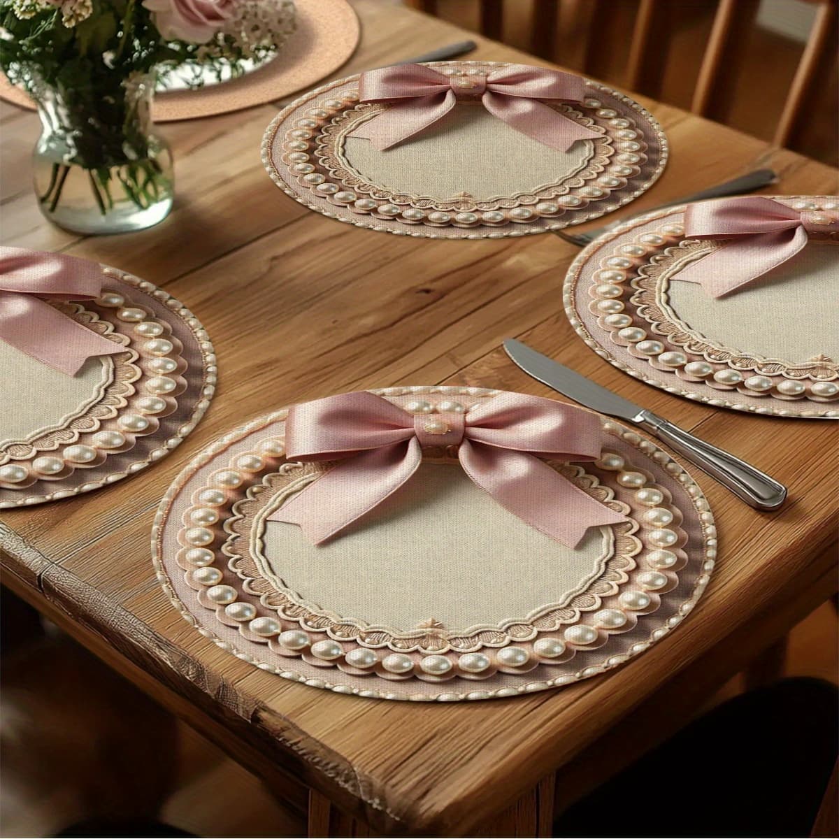 TEMU 4 Elegant Pink Bow And Beautiful Pearl Table Mats, Single-sided Floral Party Table Mats, For Decorating Parties, Kitchens And Restaurants, Party Banquet Mats