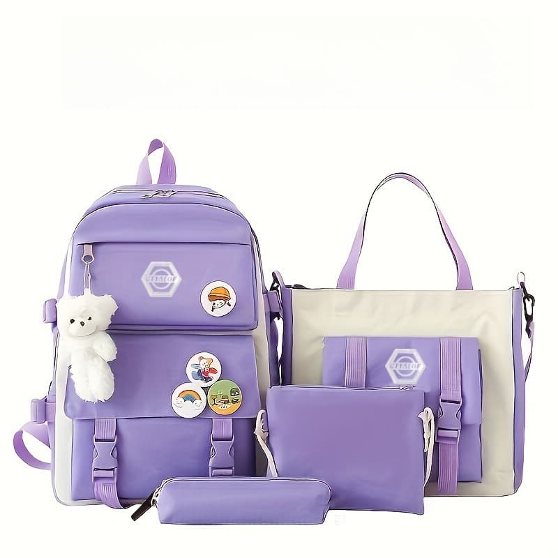 TEMU 5pcs Hiking And Casual Backpack Set, Cute School Backpack With Tote Bag Pencil Case, Durable Student Backpack With Purse