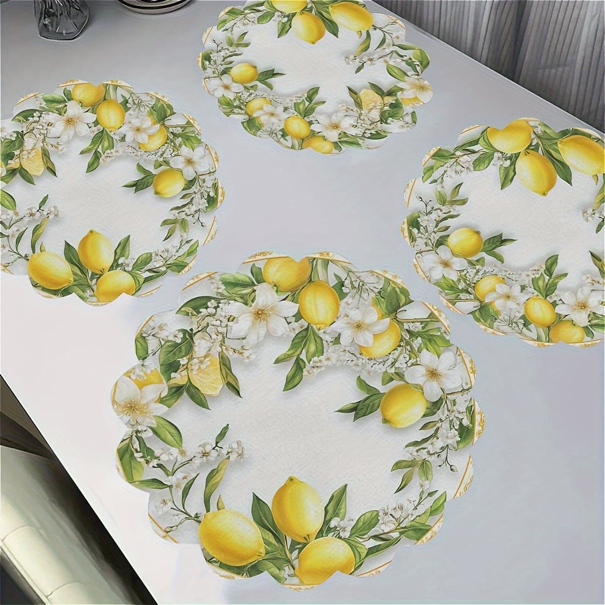TEMU 4pcs Spring Summer Lemon Wreath Placemats - Round Polyester Plates With Vivid And Floral Designs, Kitchen And Banquet Decoration, And Daily Use, Holiday Table Setting| Floral |