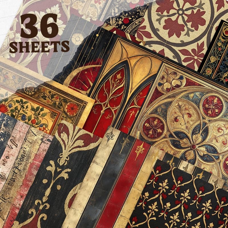 TEMU A Set Of 36 Sheets Featuring Decorative Art Paper In Gothic Red And Golden, Ideal For Use In Commemorative Albums, Handcrafted Vintage Diaries, Junk Journals, And Other Projects