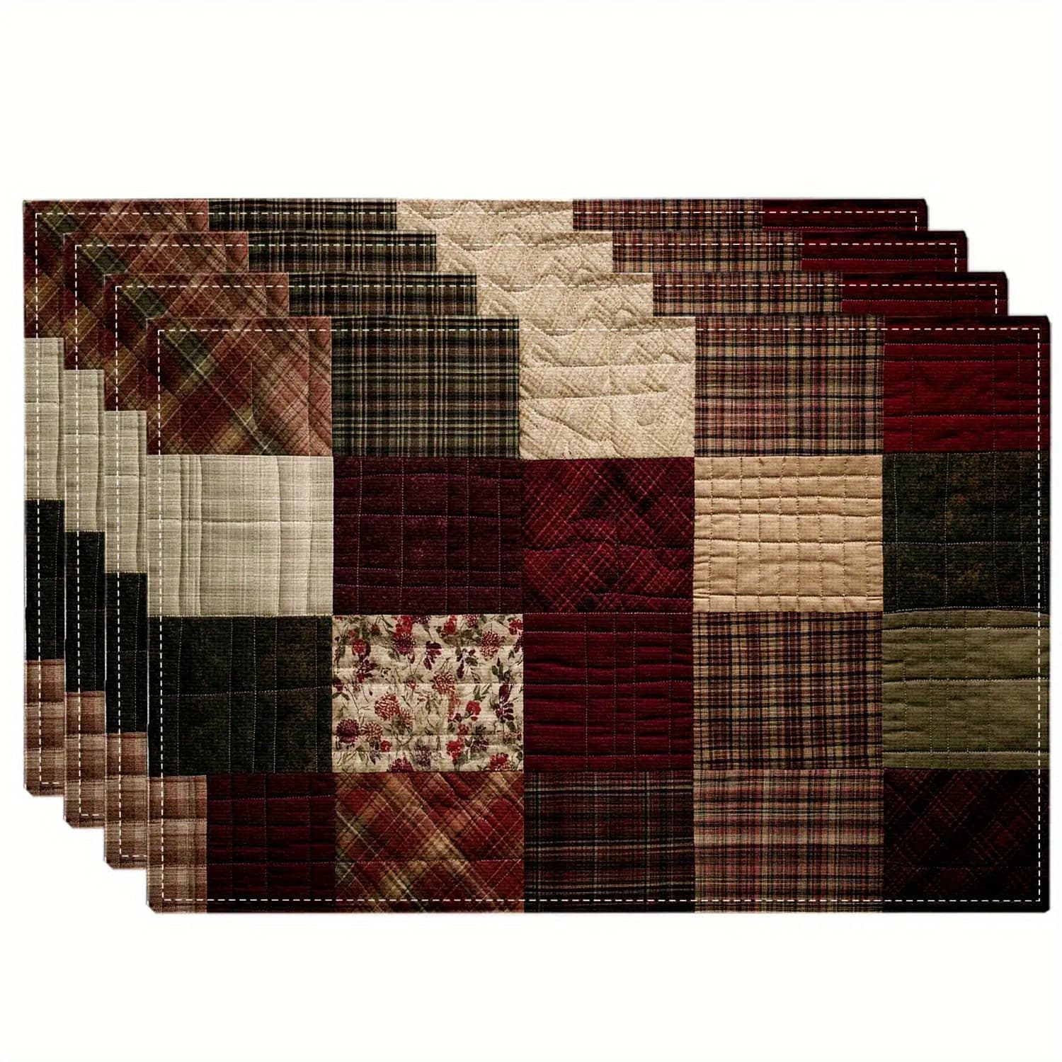 TEMU 4/6pcs Linen Placemats 18x12 Inch(4/65x30cm)- Quilted Burgundy & , Machine Washable Rectangular Table Mats For Kitchen Dining Room Holiday Decor