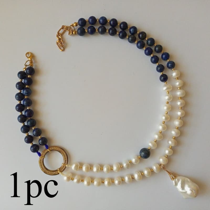 TEMU Handmade Lapis Natural Stone Double Layered Necklace With Pendant - Stylish Gift For Women, Beaded