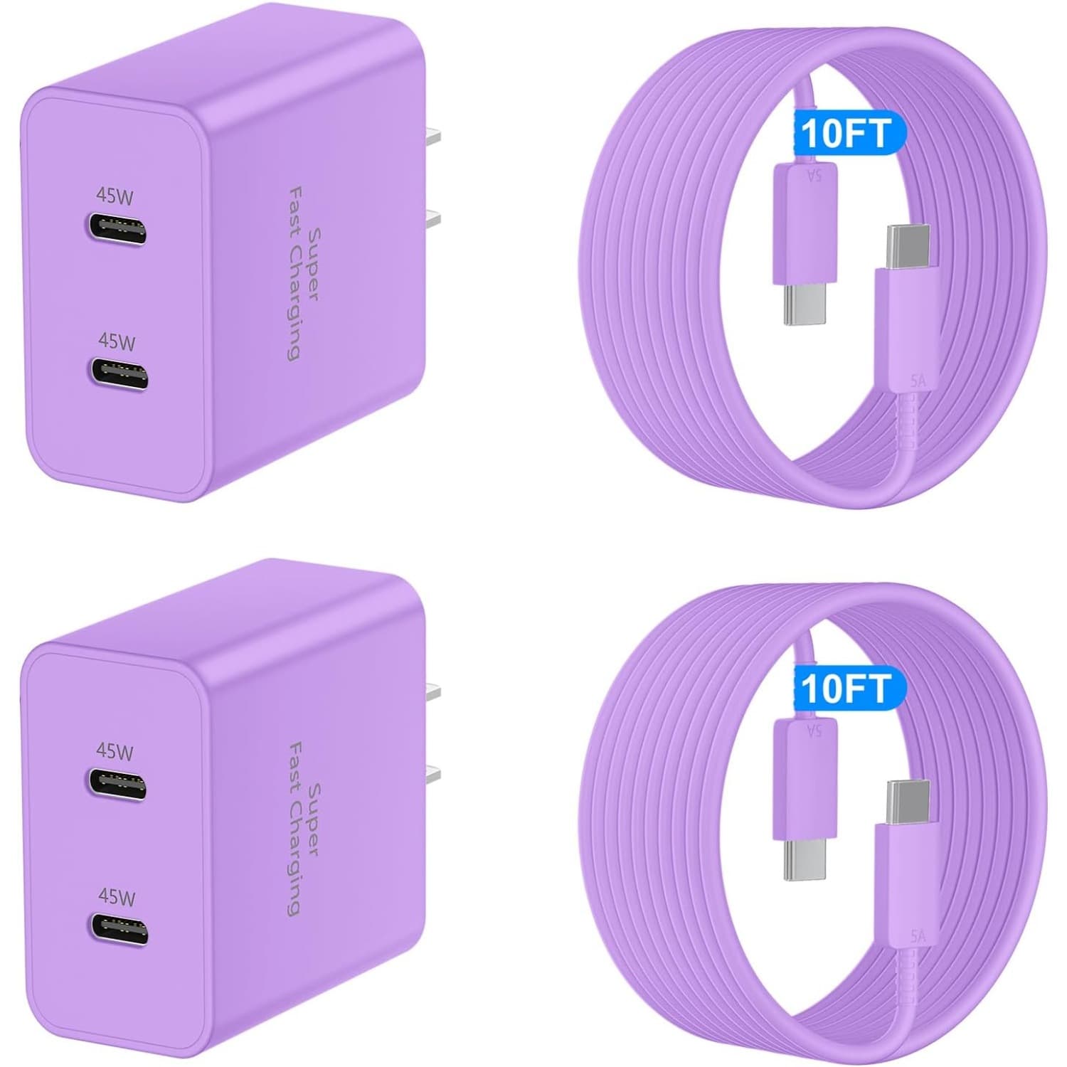 TEMU 45w For Super Fast Charger Usb C, Dual Phone Charger Type C Fast Charging Block With 10ft Long Usb-c Charging Cable Cord For Ultra/s25+/s25/s24 Ultra/s24-purple