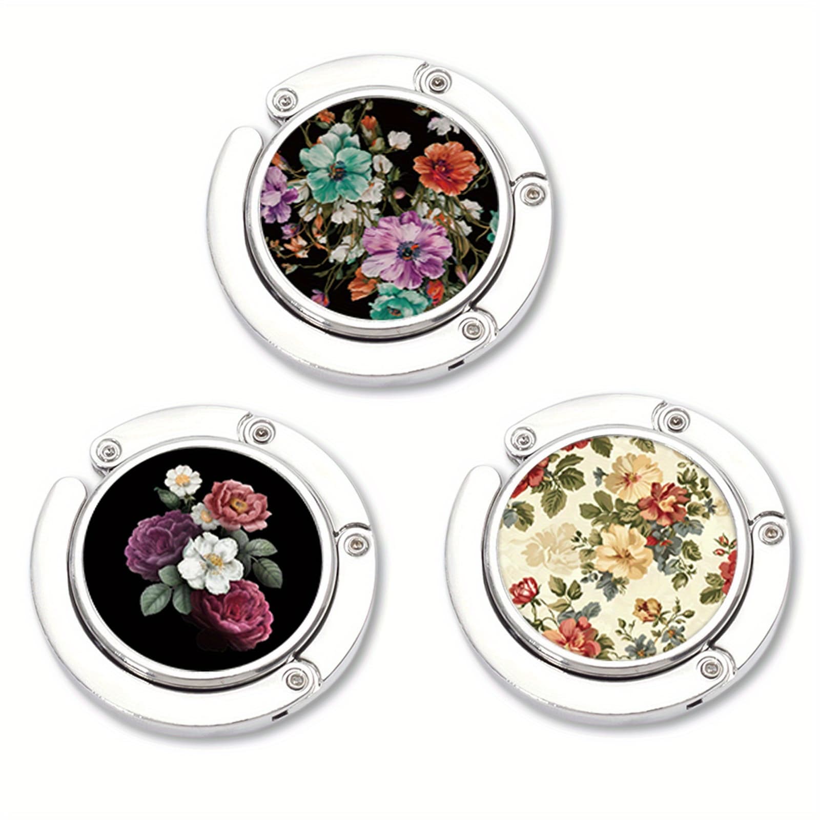 TEMU 3pcs Foldable Purse Hook Women's Bag Table Hanger Collection, Retro Crushed Flower Letters Folding Purse Hanger, Purse Holder Handbag Hanger Collection Desk Table Bag Hooks For Women Bag