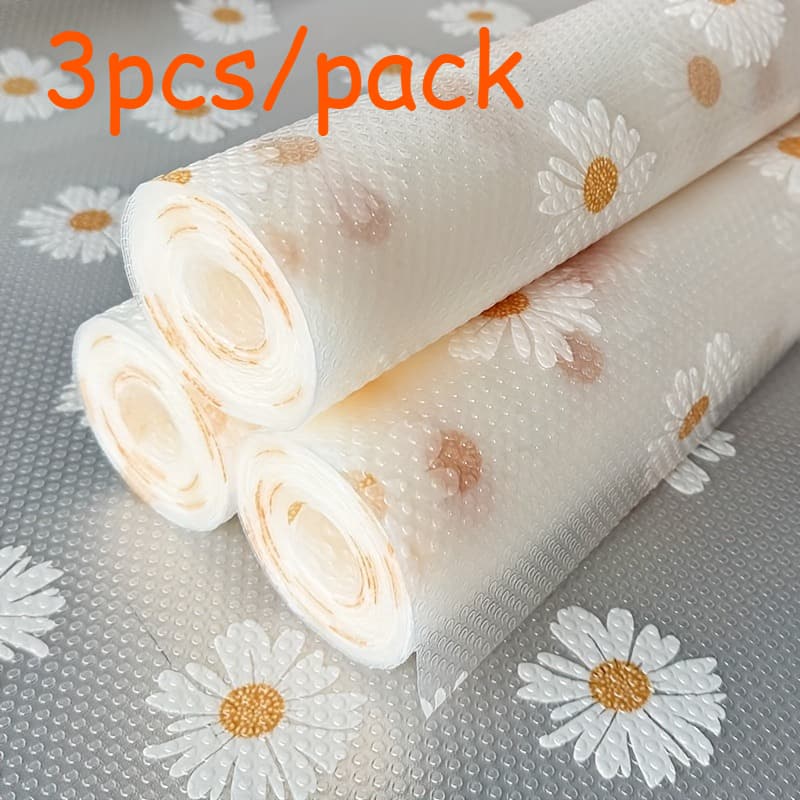 TEMU Set Of 3 Floral-patterned Plastic Rolls For Drawer - Resistant To Water, Dust, And Slipping, Ideal For Kitchen Cabinets - Moisture-resistant Mat For Organizing And Tables At Home, Shelf Liners