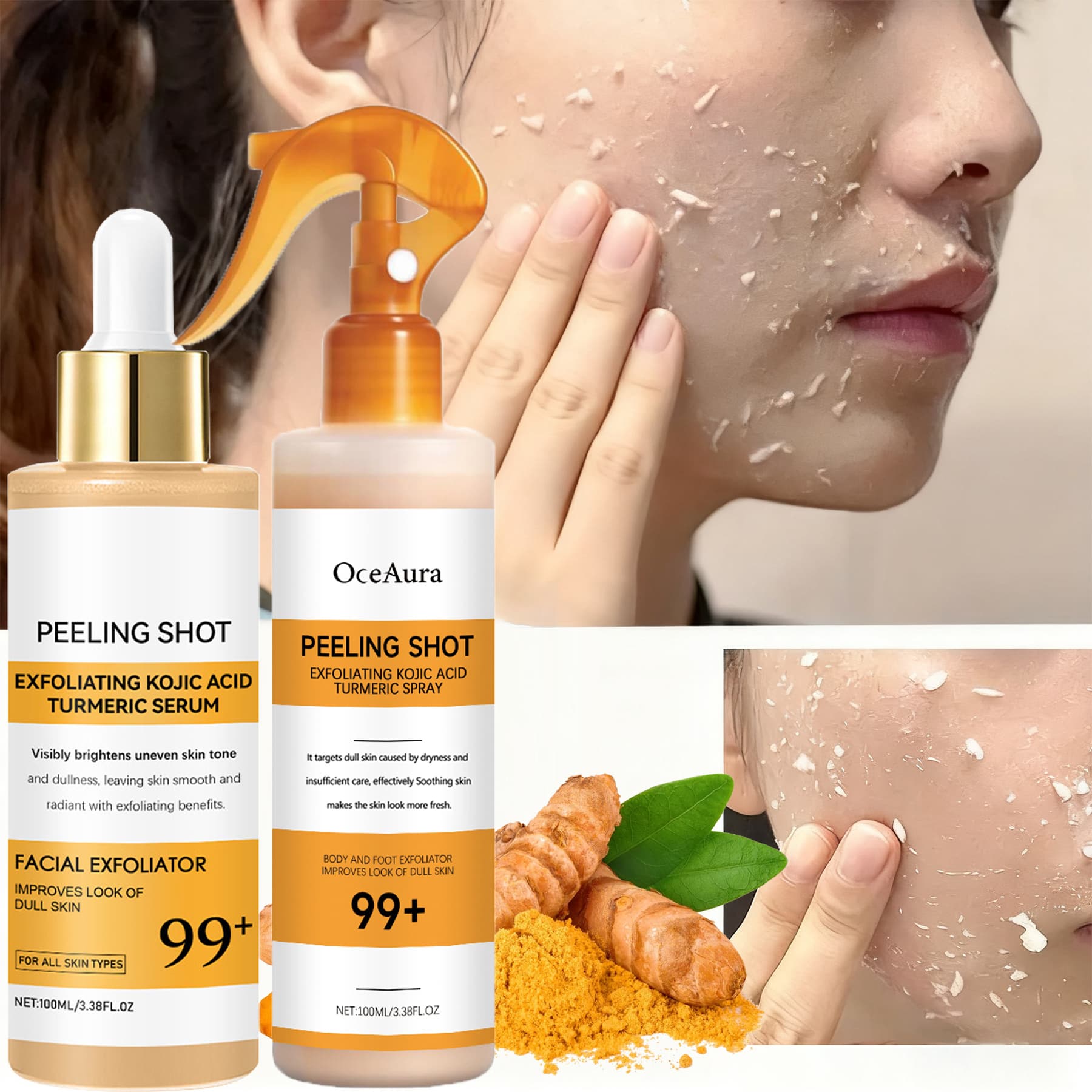 TEMU 2pcs Kojic Acid& Turmeric Exfoliating Set-includes Exfoliating Spray+ Exfoliating Serum-enriched With Kojic Acid For Physical Exfoliation-improves Rough, Uneven Skin-convenient Travel-sized Set