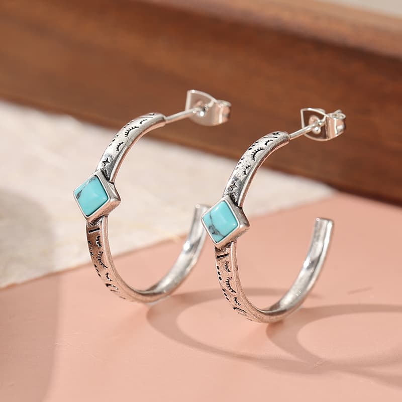 TEMU Boho Style Vintage Pattern Loop Drop Earrings Fashion Synthetic Turquoise Loop Earrings For Women's Jewelry Wedding Engagement Earrings Banquets Holiday Party Jewelry