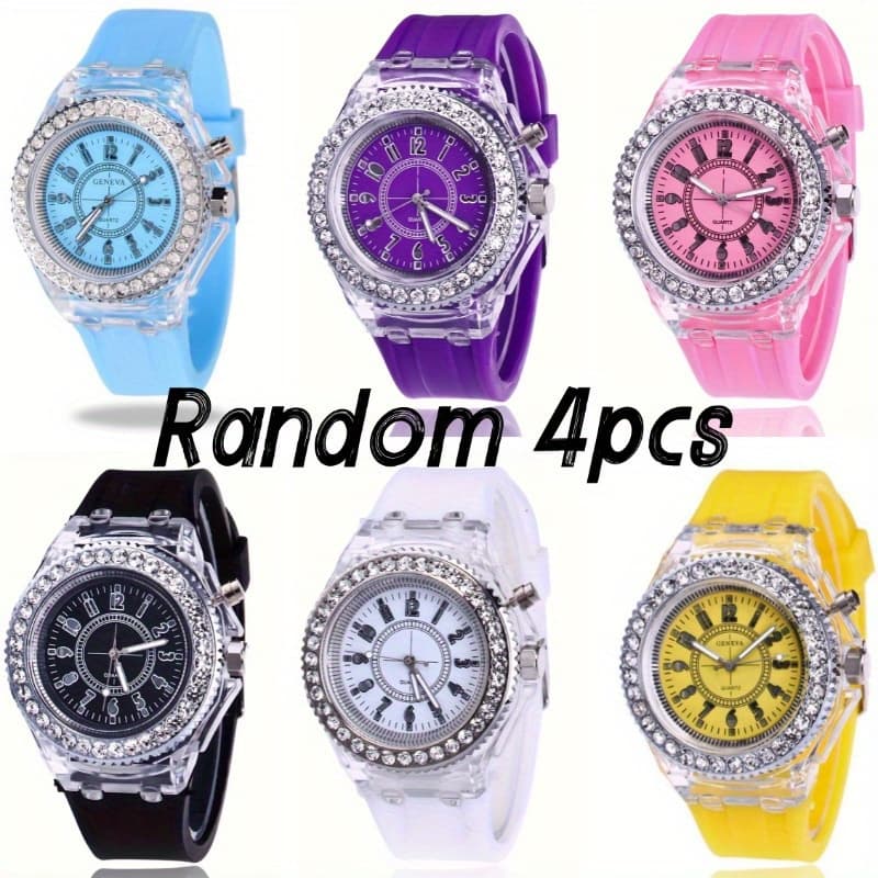 TEMU 4pcs Random Color Luminous Led Fashion Trend Male And Female Couple Jelly Quartz Watch Birthday Christmas New Year Gifts