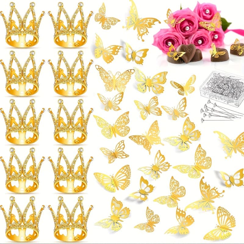 TEMU 170pcs Bouquet Accessories Set 10 Mini Crown Cake Toppers 100 Bouquet Pins 60 3d Decorations For Birthday, Wedding, And Party Use (golden)