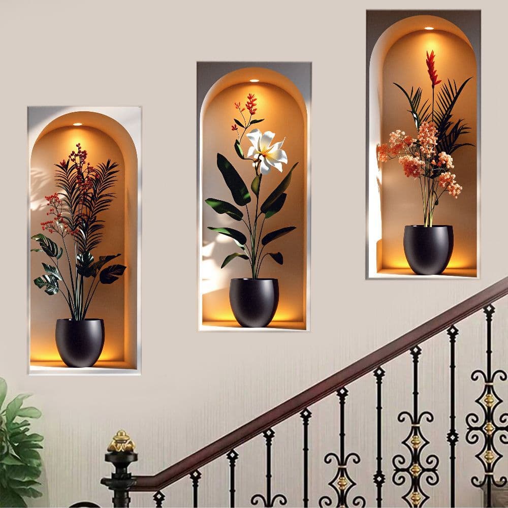 TEMU 3pcs Removable Self-adhesive Tropical Plant Wall Decals With Arched Window & Niche - Exotic Foliage Fake Pvc Wallpaper Suitable For Floors/ Walls - Boho Farmhouse Decor, Glossy, , 2d Flat