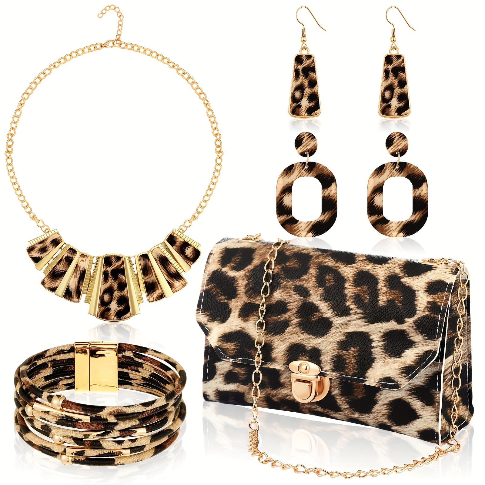 TEMU 5pcs Women Leopard Jewelry Set Statement Leopard Clutch Purse Earring Leather Wrap Bracelets Tassel Pendant Necklace
