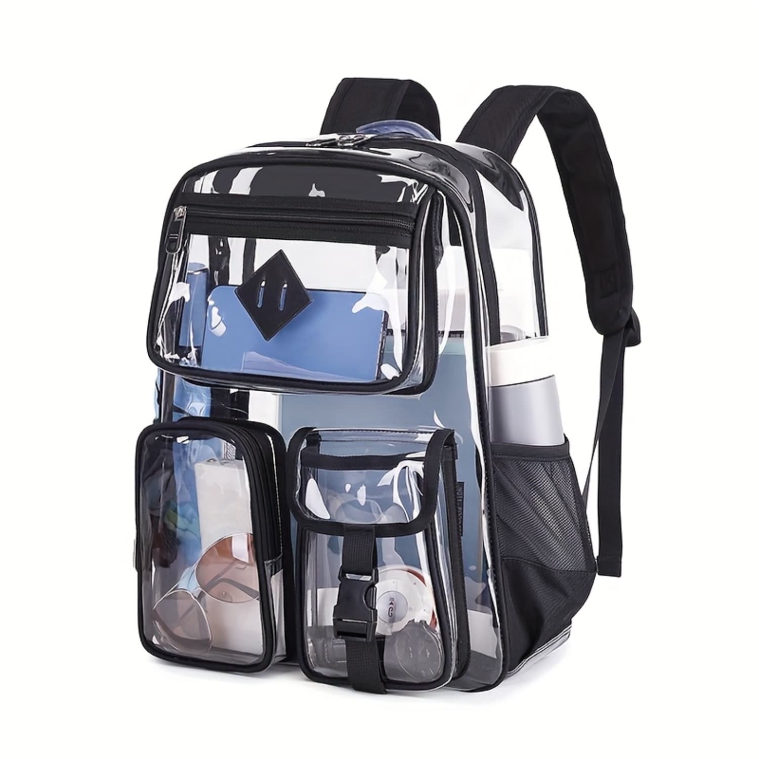 TEMU Adjustable Transparent Pvc Backpack, Large Capacity Foldable Clear School Bag With Golden Accents, Durable Lining, Black Backpack, Suitable For University, Sports, Travel, And Daily Use