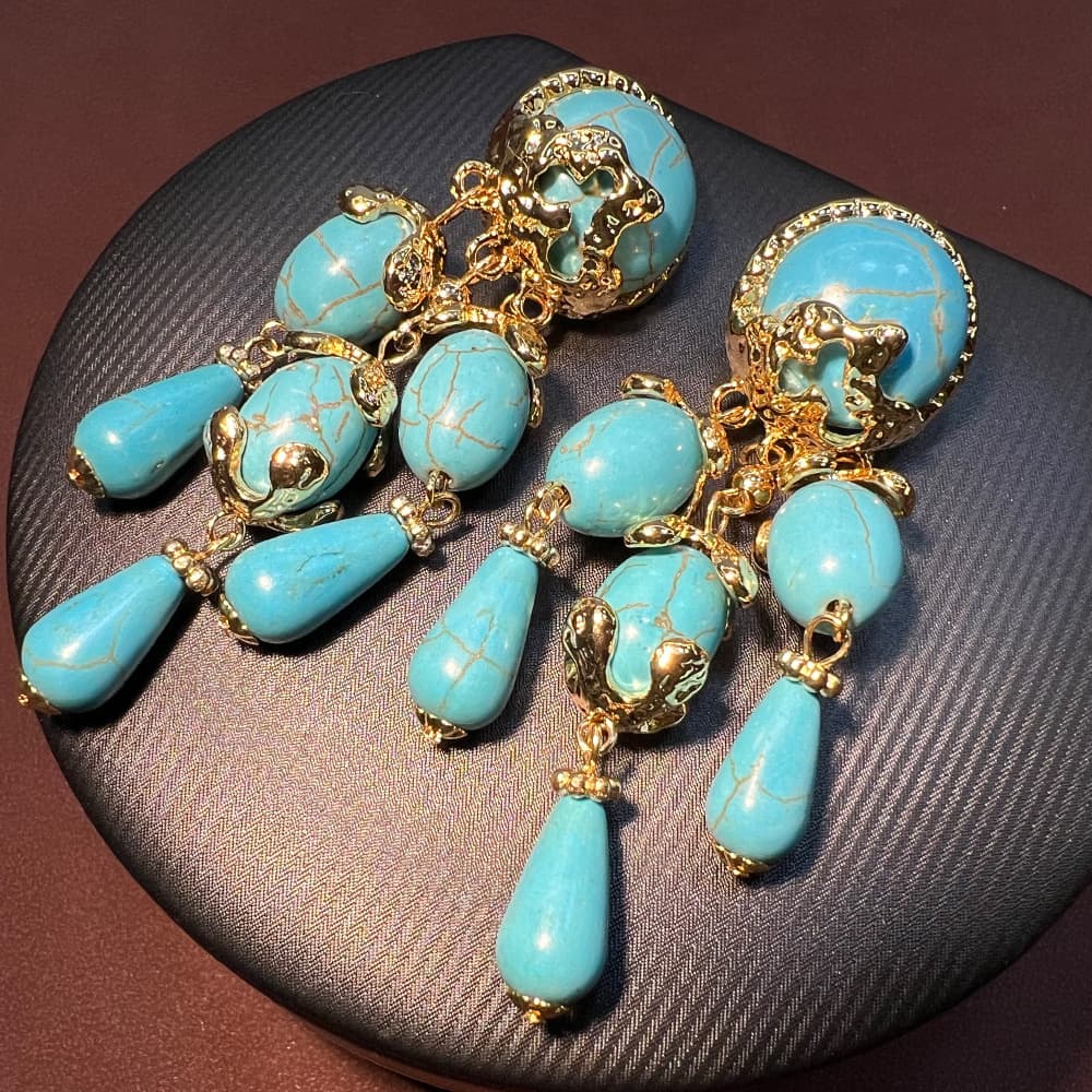 TEMU A Pair Of Tassel Earrings With A High-end Antique Style, Featuring Synthetic Turquoise. Unique And Niche Design, Suitable For Daily Wear And Vacations.