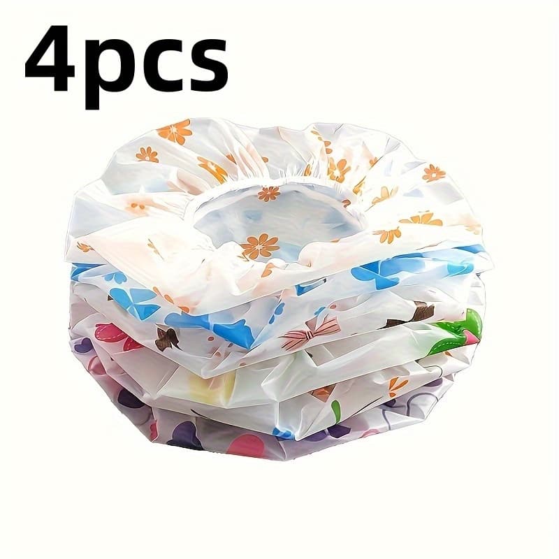 TEMU 4pcs High-quality Adjustable Printed Shower Caps, Reusable For Women - With Elastic Bands, Suitable For Women' Salons, Home Accessories, Random Color