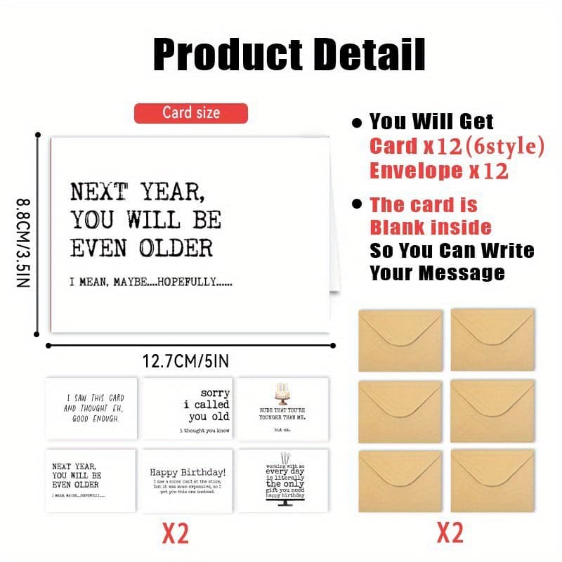TEMU 24pcs Set With Envelopes Simple, Fun And Humorous Text, Birthday Thanks, , Greeting Cards, Give To , , Family, Parties, Holidays