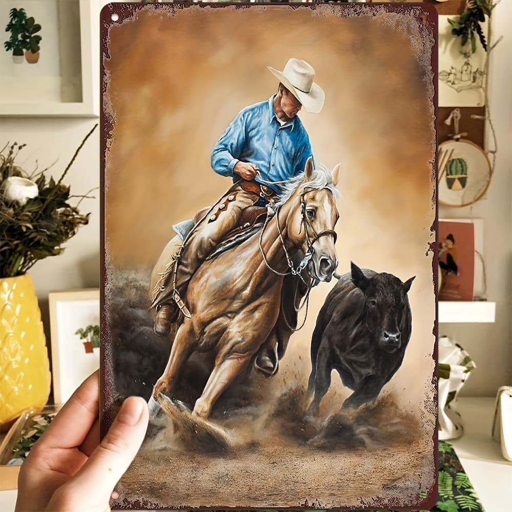 TEMU 2d Flat 1pc Rustic Cowboy Rodeo Aluminum Tin Sign 29.97x39.88cm Vintage Aluminum Wall Art Waterproof Dustproof Decor For Home Bar Cafe Artistic Room Decoration Holiday Gift Idea, 2d Flat