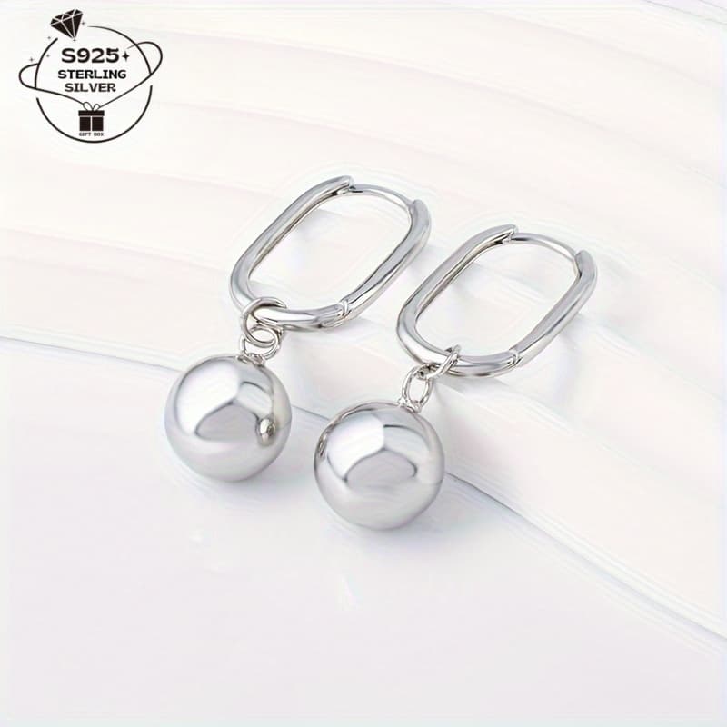 TEMU 1 Pair Of Women's S925 Silver Simple High-end Geometric Glossy Large Round Bead Pendant Everyday Multifunctional Party Earrings