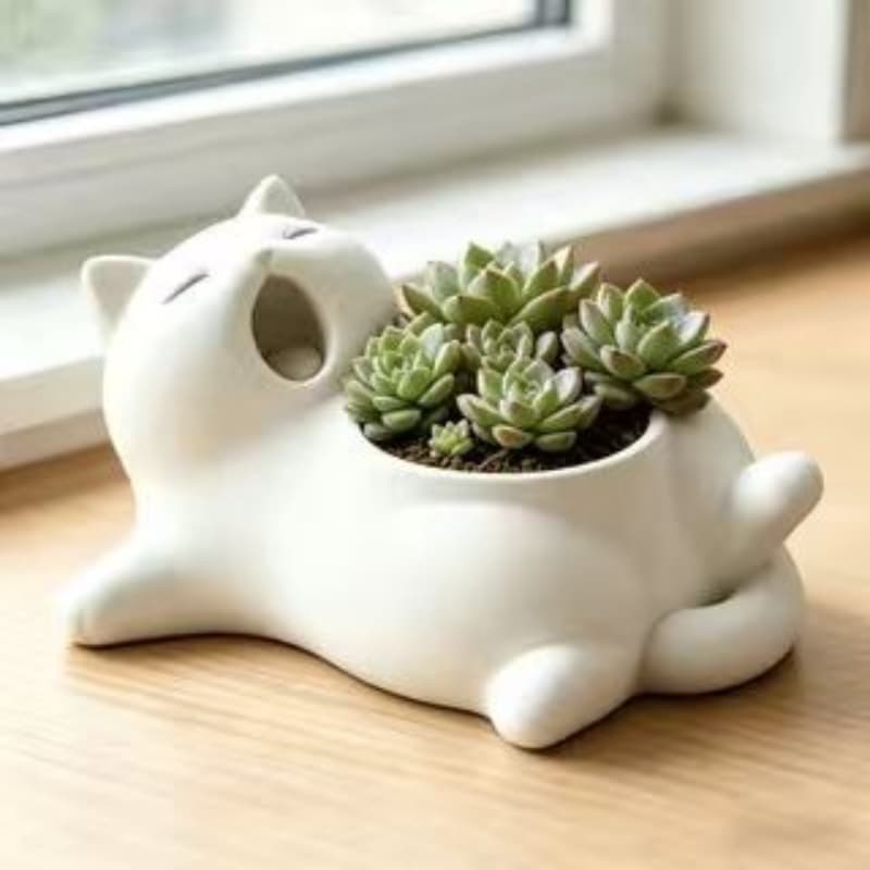TEMU Bohemian Cute Cat Flower Pot, Lightweight Multi-functional Synthetic Resin, Drop-resistant For Indoor And Outdoor Use