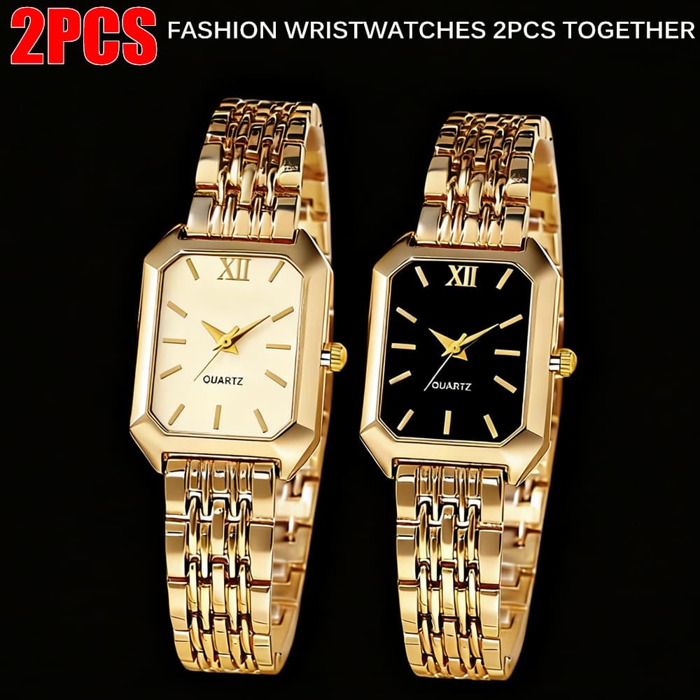 TEMU 2pcs Women's Elegant Golden-tone Watch Set - Stainless Steel Quartz Wristwatches With Rectangular Dial & Round Case, Non-shock Resistant Suitable For Casual/dressy,,, Special Occasions