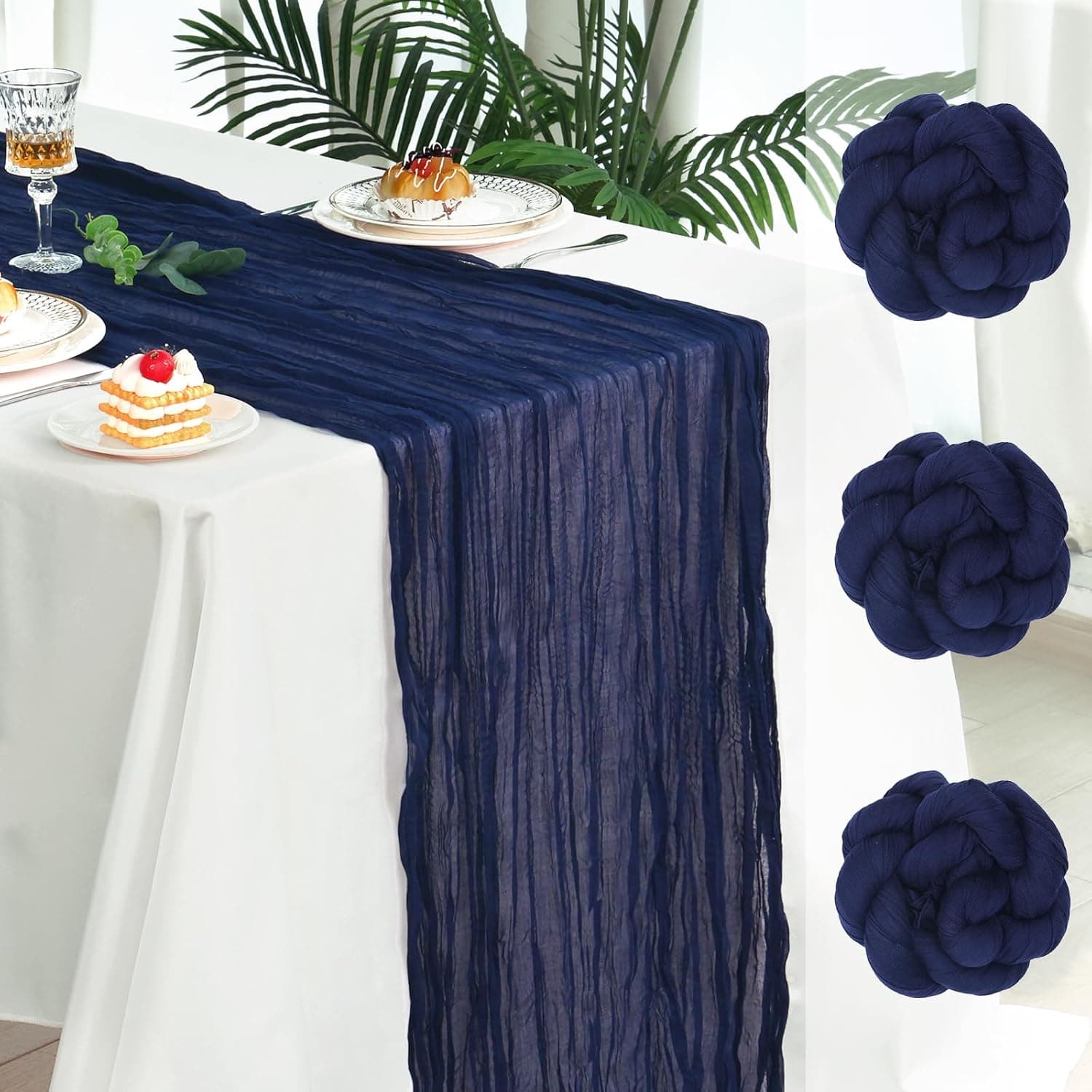 TEMU 3 Pack Navy Blue Cheesecloth Table Runners, Pleated Boho Gauze Table Runner, Long Semi-transparent Table Decorations For Parties, Showers, Birthdays And Weddings