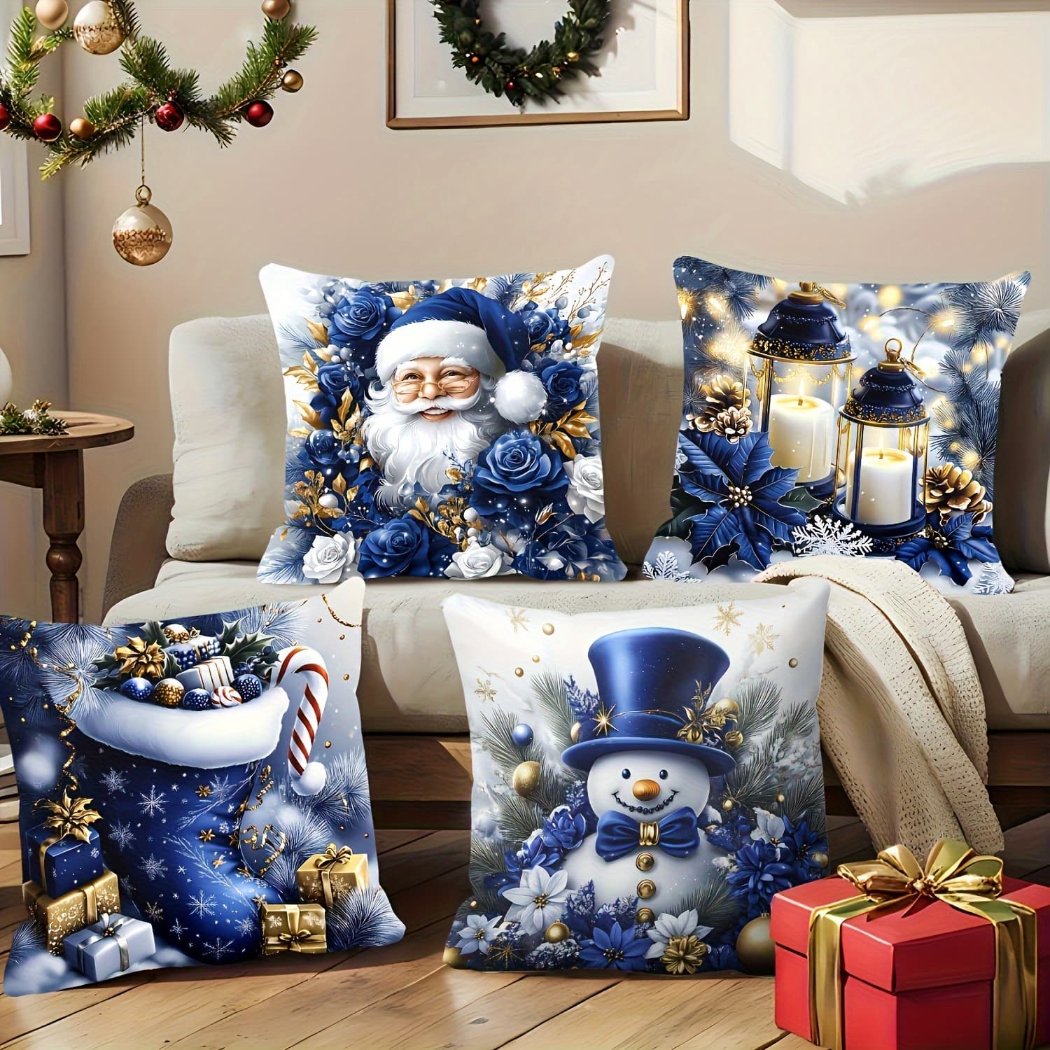 TEMU 4pcschristmas Pillowcase Dark Blue Pattern Of And Reindeer Machine Washable With Zipper Perfect For Home Car Bedroom Sofa And Office Decoration
