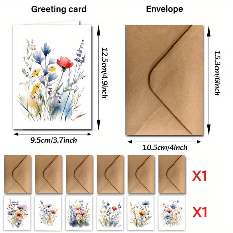 TEMU 12pcs Watercolor Floral Birthday Card Set With Envelopes, Office Supplies, Great For Valentine's Day, Easter, , Father's Day, Halloween, Christmas, Birthday Party, Graduation