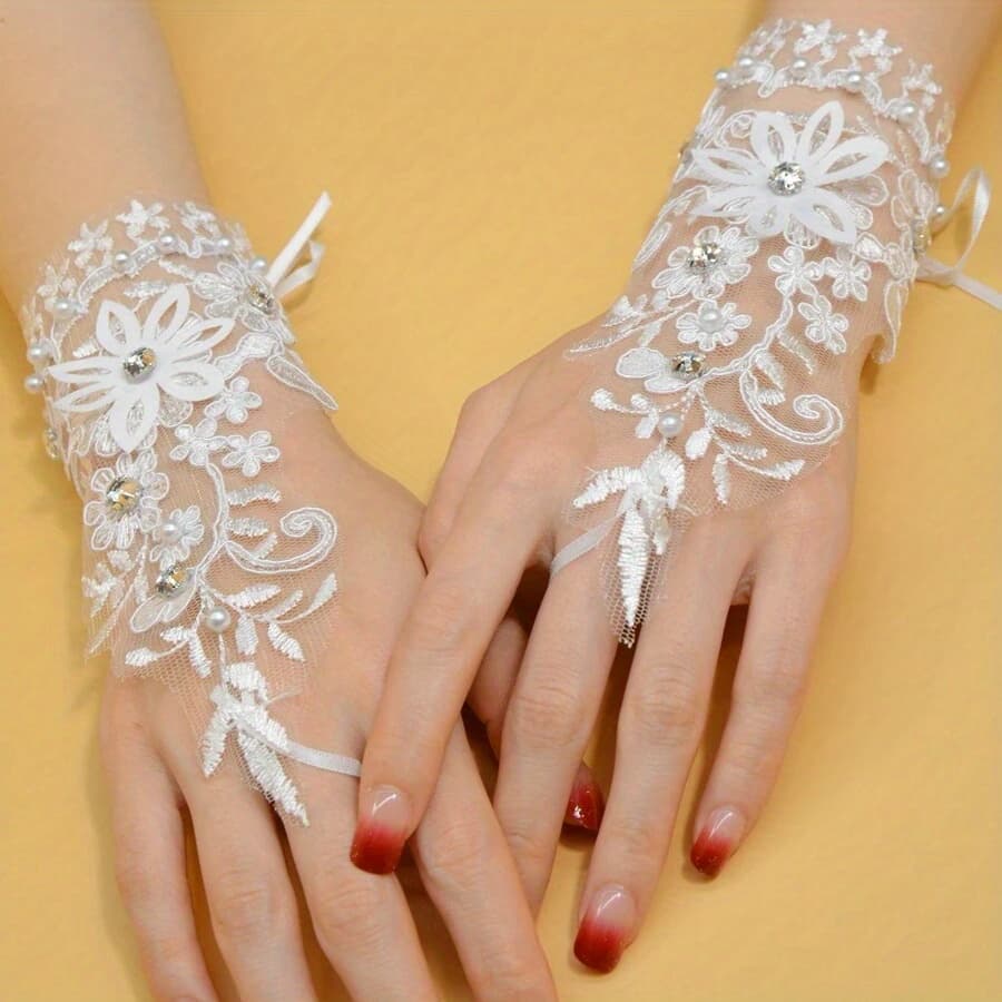 TEMU 1 Pair Bridal Wedding Gloves - Elegant & Lace Short Fishnet Fingerless Gloves (no Fingers) For Brides, Wedding Dresses, Prom, Photo Studio, Valentine's Day - Hand Wash Only, Accessory