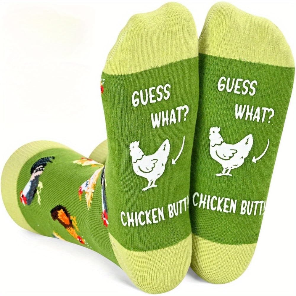 TEMU Of Funny Chicken-themed Socks For - " What?" Design With Colorful Rooster Illustrations, Green & Yellow Striped Pattern, Perfect Easter Gift For ,