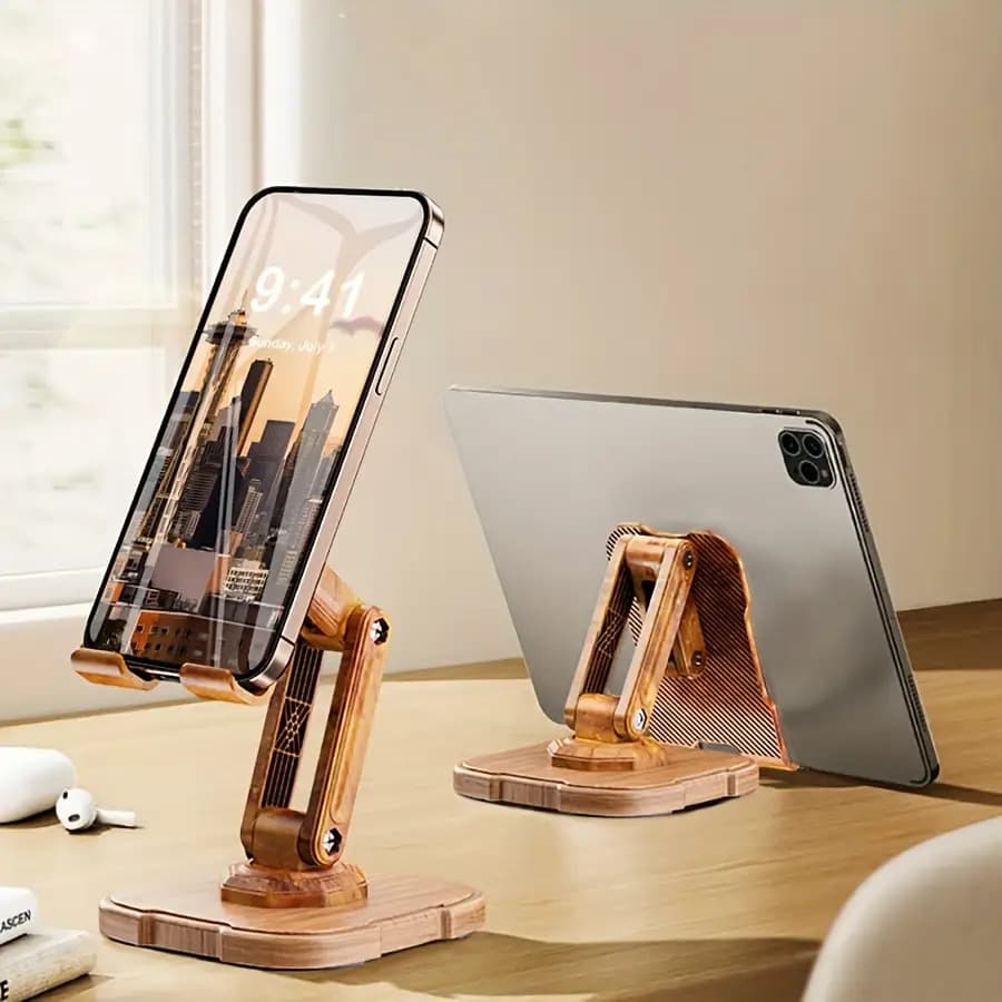 TEMU 1pc Creative Wooden Desktop Phone Stand, Stable Rotatable Large Base, Adjustable Height
