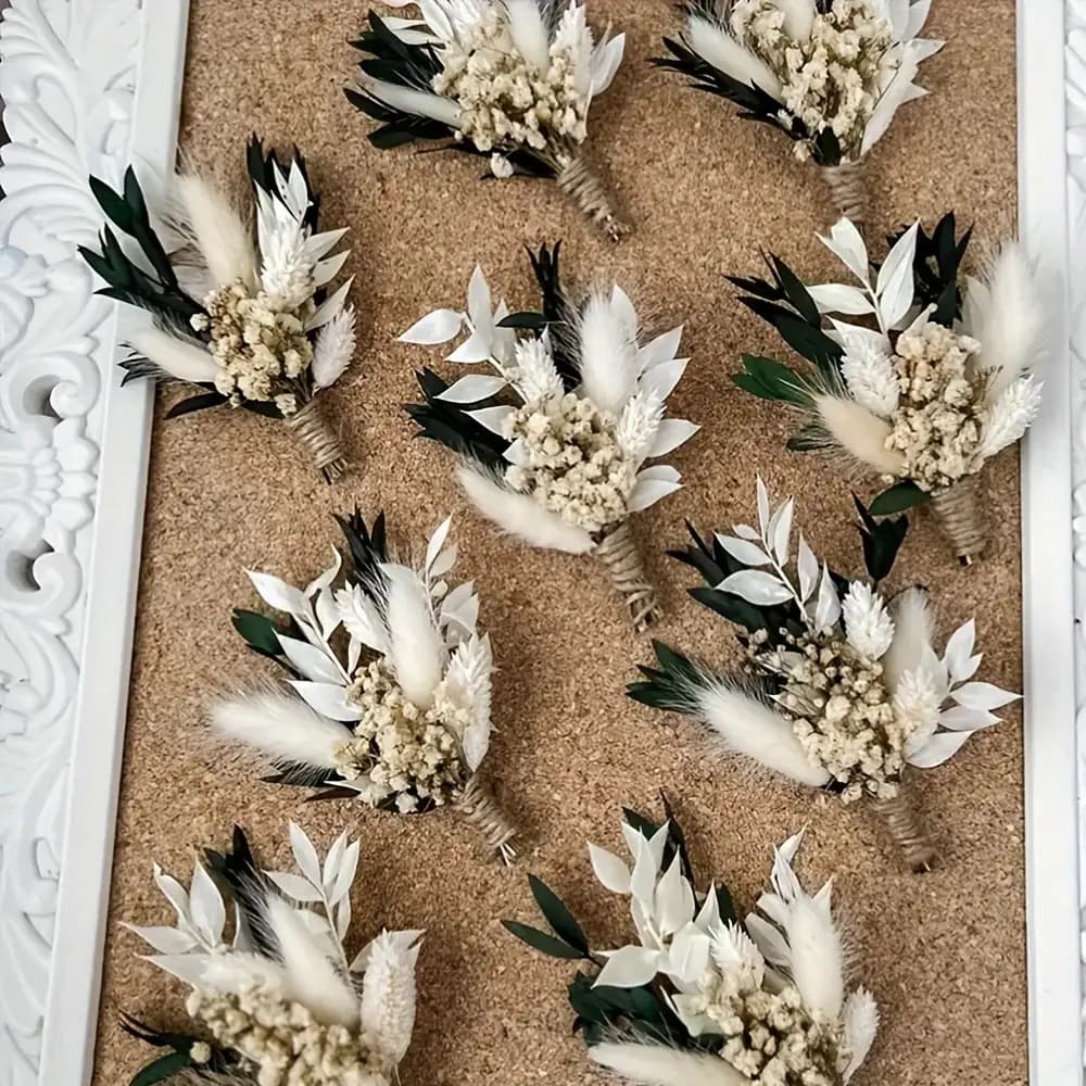 TEMU Mini Pampas Grass Bouquet, Dried Flower Bouquets Set With Natural Tie Rope, White Cream With Green Leaves For Boho Wedding Centerpieces, Home Decor, Fall Arrangements