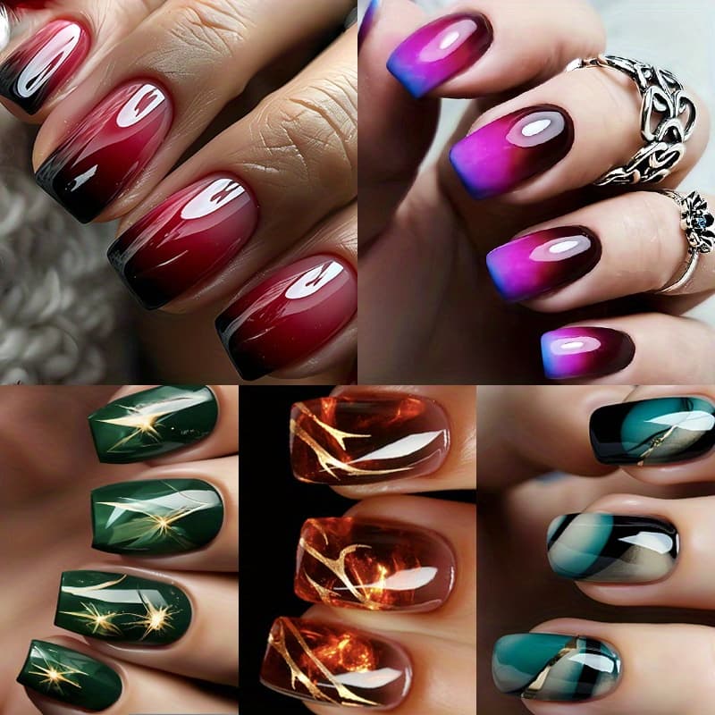 TEMU 120pcs (5 Sets) Of Medium-length Green Striped Press-on Nails - Glossy End, , Easy To Apply And - Ideal For Hand, Foot, And Nail Care