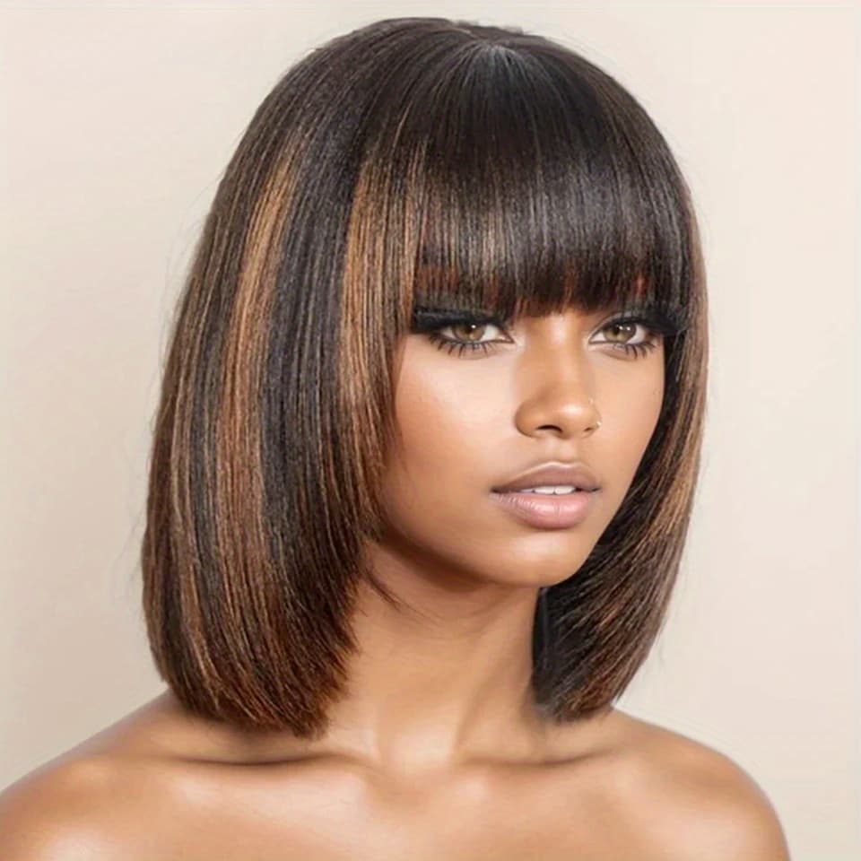 TEMU Easy-to-wear Brazilian Human Hair Wig With A Short Blonde Bob Style, Featuring A 3x1 Lace Design And Bangs, In A Straight Cut With Color 1b/30