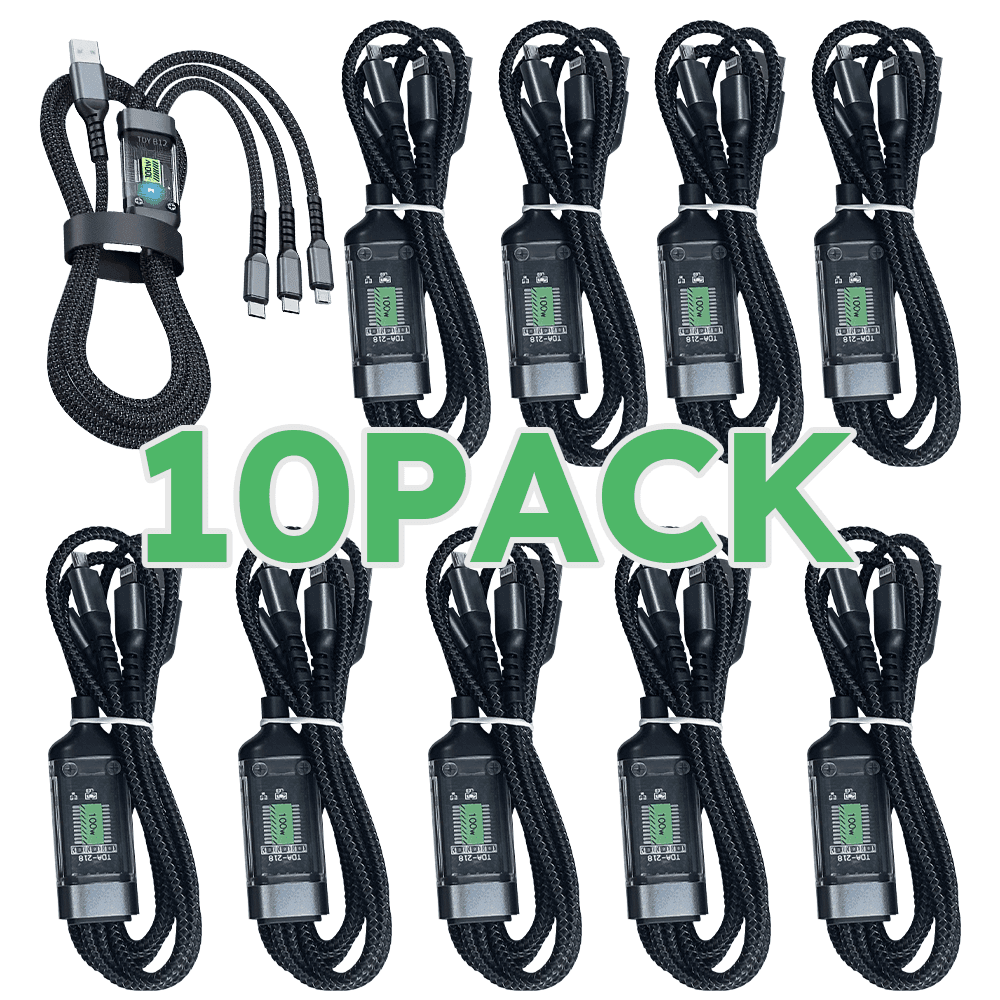 TEMU Jogrytece Offers A Set Of 10 Nylon Braided Charging Cables, Each Of 100w Power. Cables Come With A Digital Display And Feature A Single Usb-a Output Along With Connectors For Lightning, Type-c