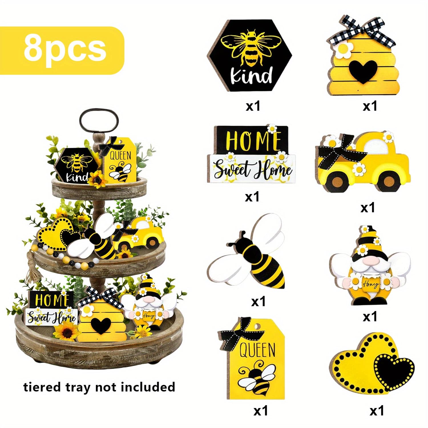 TEMU 8pcs Bee Tiered Tray Decor Set Bumble Bee Gnome Truck Wooden Signs, Rustic Spring Summer Home Decor