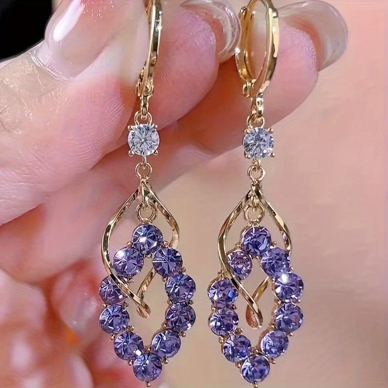 TEMU Elegant Golden Alloy Double-layer Hollow Purple Cubic Earring Set Jewelry Gift For Parties, Daily Wear, And Special Occasions, Design Earrings