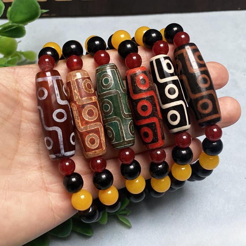 TEMU Tibetan-style Agate Dzi Bead Bracelet - Unisex Three-eye And Nine-eye Bead Retro Single-circle Bracelet