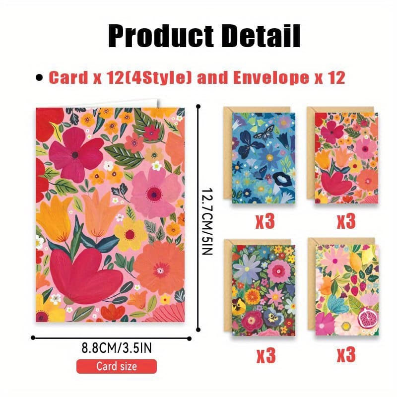 TEMU 24pcs Floral Blank Greeting Cards With Envelopes - Vibrant Mixed Colors, All-occasion Cards For Birthdays, Holidays, Thank & More - Perfect For , Family, Sympathy & Congratulations