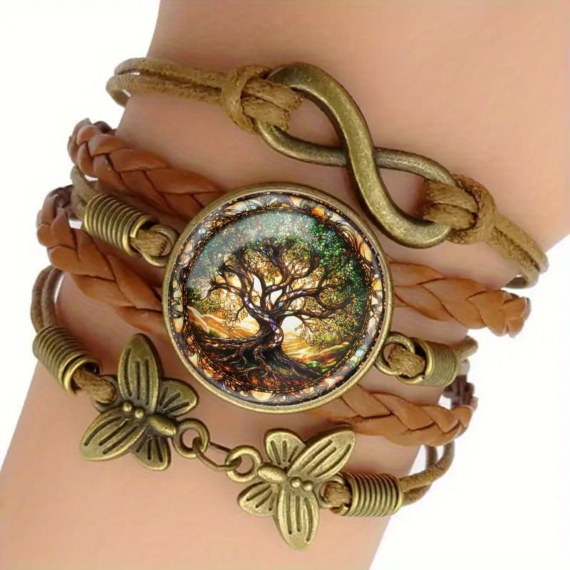 TEMU Bohemian Mandala Infinity Bracelet - Adjustable Fashion Accessory, Painted Glass Disc, Arborvitae Tree Of Life, Fine Craft, Brown Braided Style, Perfect For Casual Wear Or Gift, Everyday Bracelet