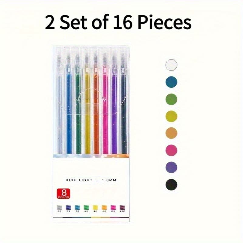 TEMU 2 Sets Of 16pcs Sparkling Gel Pen Sets, Fluorescent Markers, Colored Gel Pens, Diy Creative Graffiti Colored Brushes, The Perfect Birthday Gift