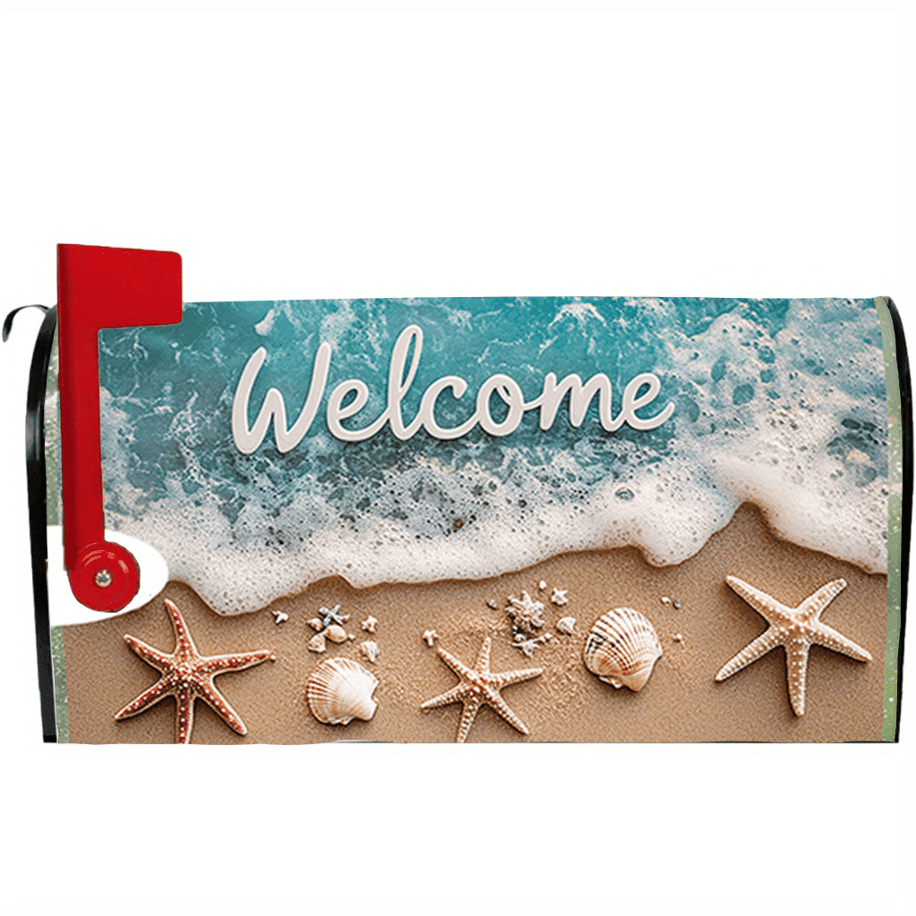 TEMU 1, Ocean Theme Waves Beach Starfish Shell Welcome Pattern For Summer Magnetic Mailbox Cover Standard Size 21x18 Inches Suitable For Garden Courtyard Home Decor