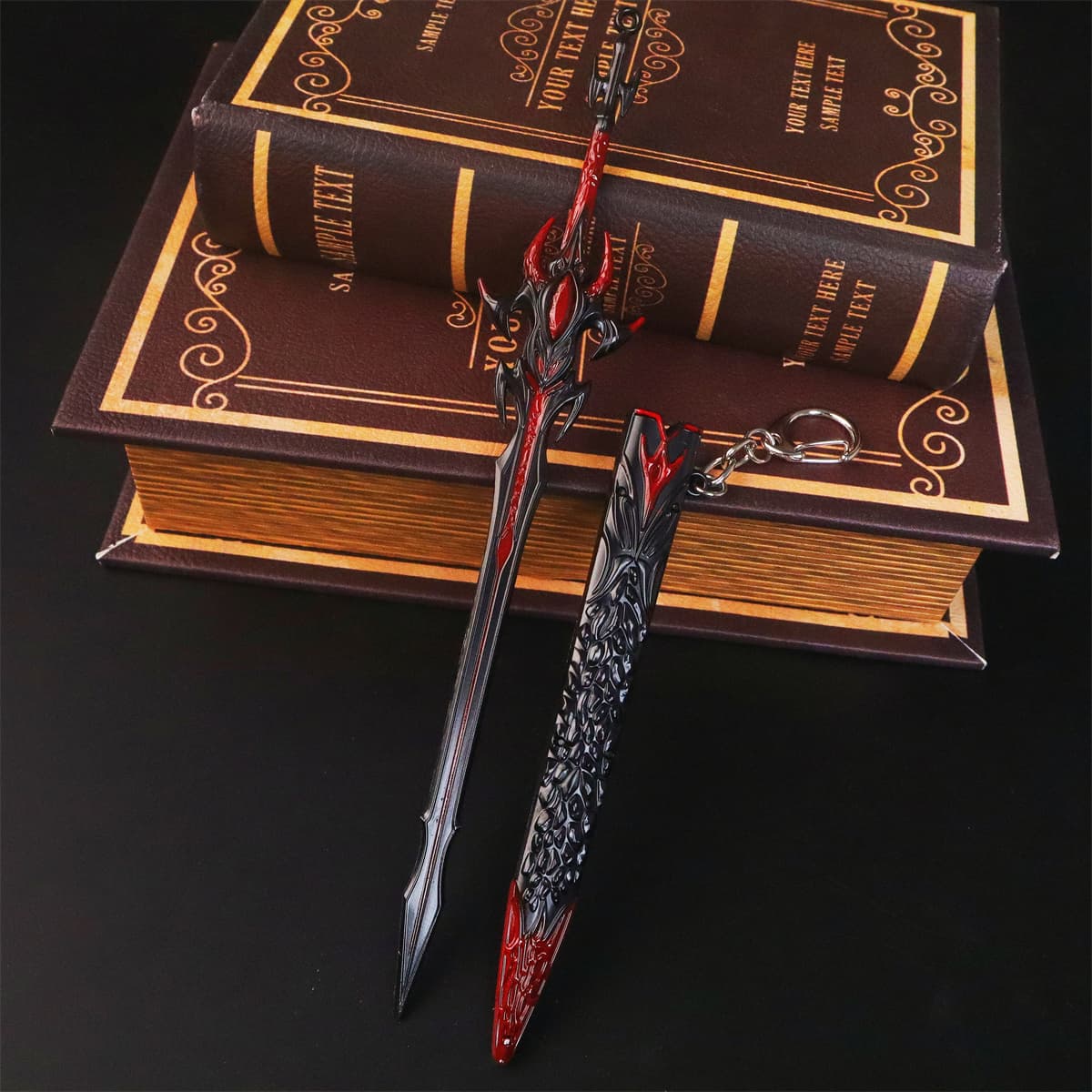 TEMU 1:6 Scale Alloy Dual Sword Metal Craft- Fantasy Weapon Model With Red Embellishments And Keychain Accessory, Suitable For Collectors, Armor Figures, And Mecha Scene Display