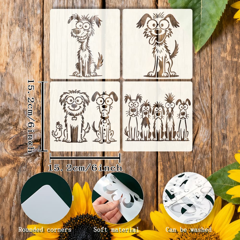 TEMU 4pcs Funny Dog Template, 6*6 Reusable Pet-style Painting Template, Suitable For Arts And Crafts, Wall Art, Fabric Decoration And Furniture Decoration