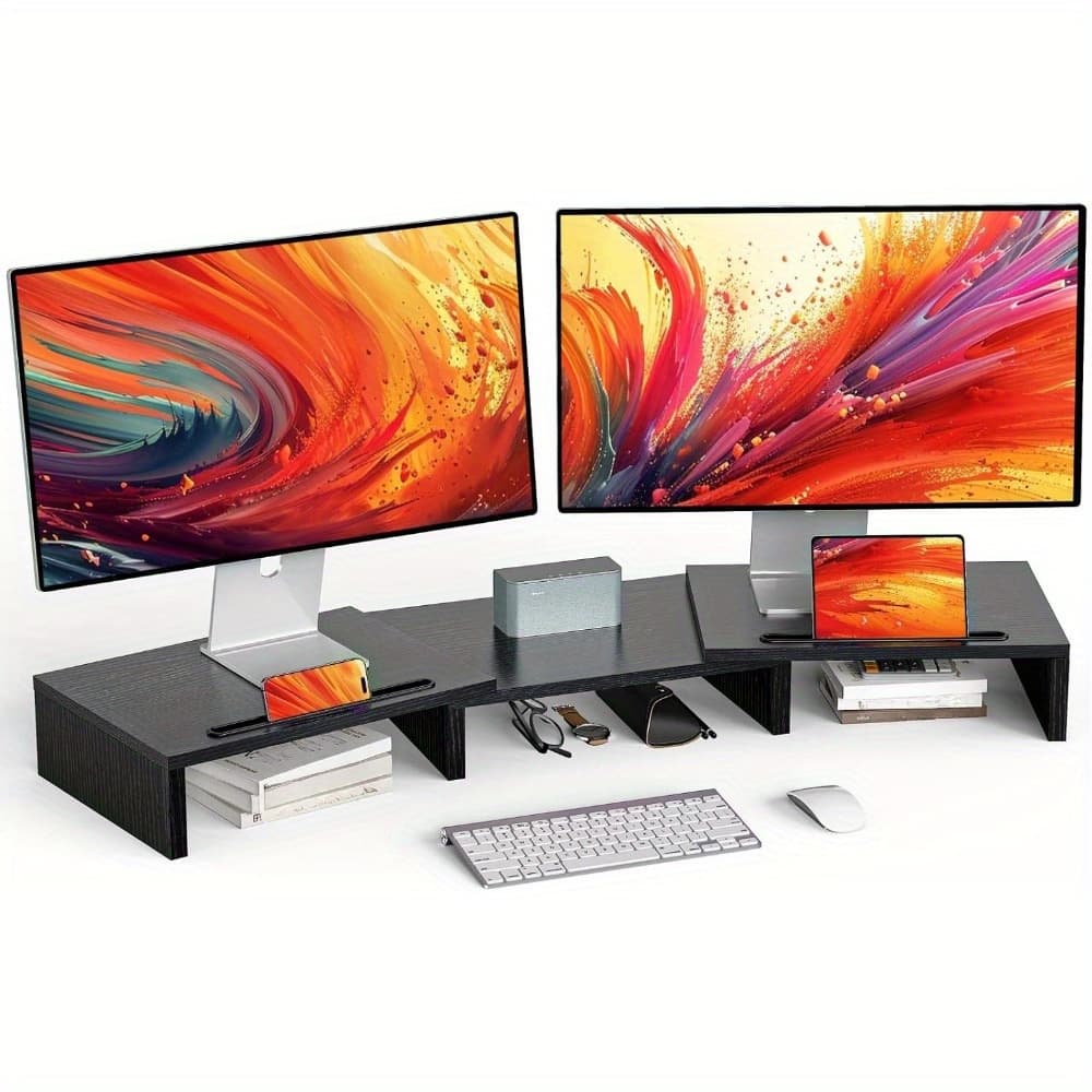 TEMU Dual Monitor Stand For Desk, Monitor Stand With 2 Slots For Phone And Tablet, Dual Monitor Riser With Length And Angle Adjustable, Computer Stand For Monitor, Laptop, Tablet (black)