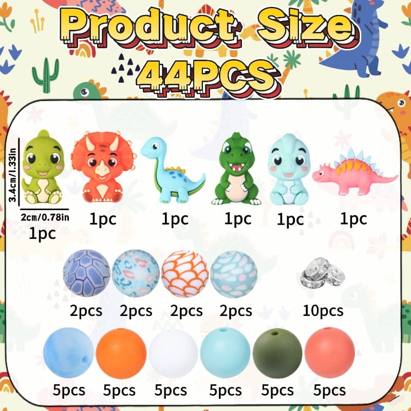 TEMU 44pcs Cute Dinosaur-themed Silicone Beads - Silicone Beads, Including , Spinosaurus, , Cartoon Dinosaurs, Blue , And Triceratops Cartoon Designs, Suitable For Jewelry Making, Bracelets, Lanyards