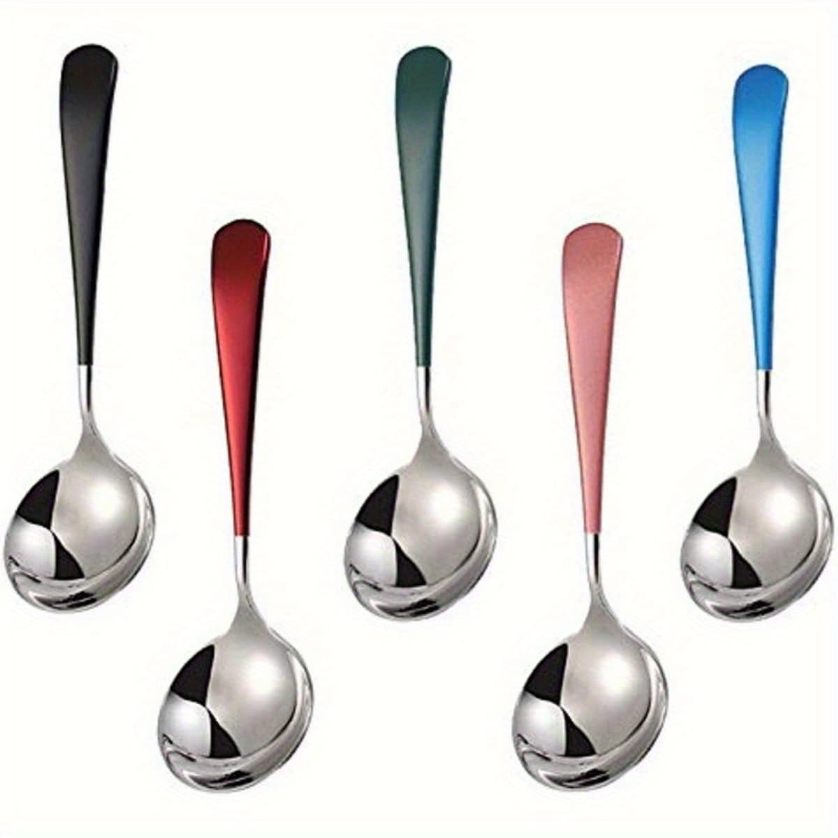 TEMU 5pcs Elegant Stainless Steel Soup Spoon Set With Vibrant Handles - Modern , Perfect For Soup, Cereal, Desserts, Tea & Coffee - Durable & Stylish Dinnerware