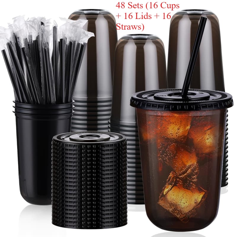 TEMU 96-pack Black And Clear Disposable Cups With Lids And Straws, 16oz Each, Suitable For Hot And Cold Beverages Like Iced Coffee, Milk Tea, Smoothies, And Juice, Ideal For Parties