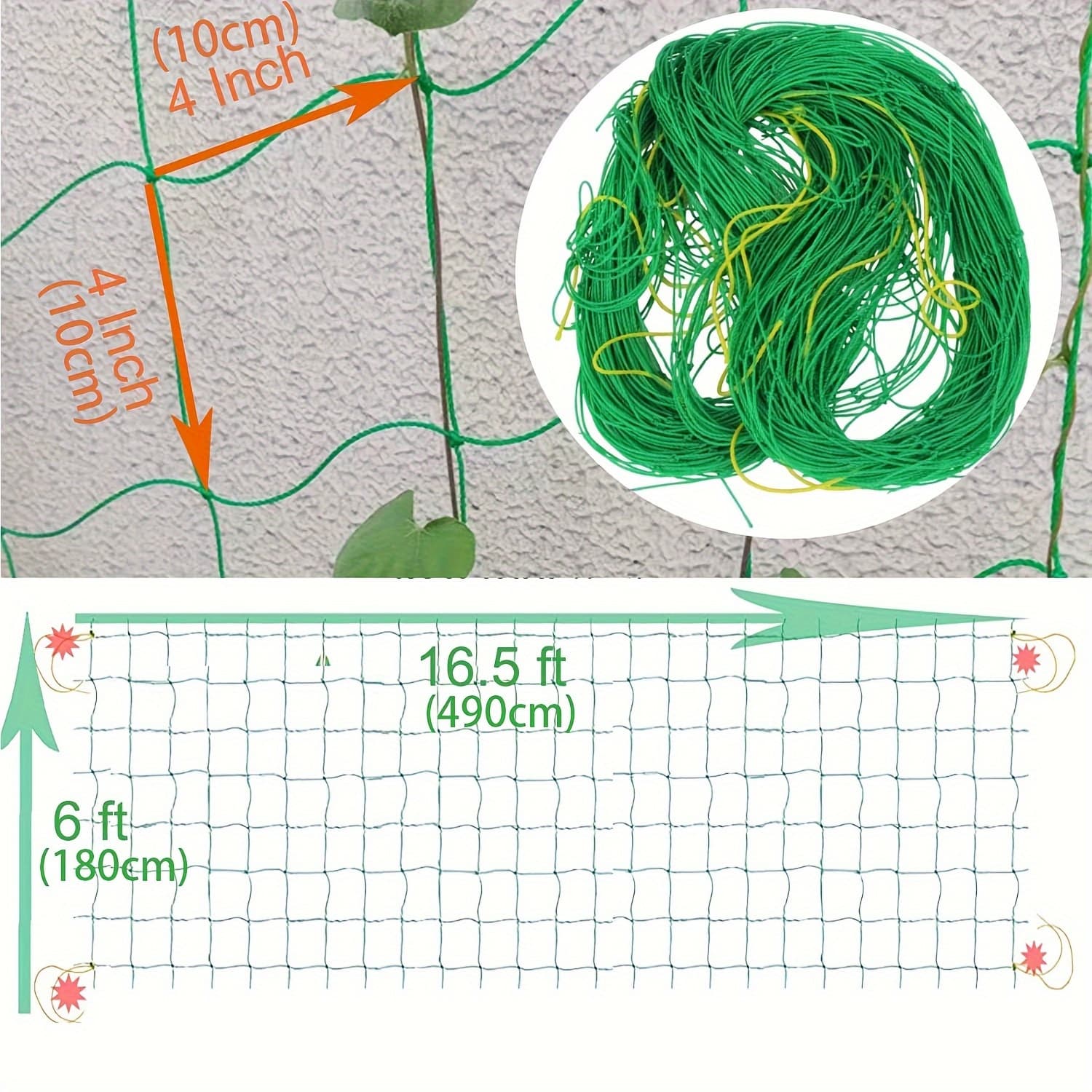 TEMU 2 Heavy Duty Pe Garden Plant Support Nets, 6 Feet X 16.5 Feet, Flexible Rope Net, For Climbing Plants And Plant Growth