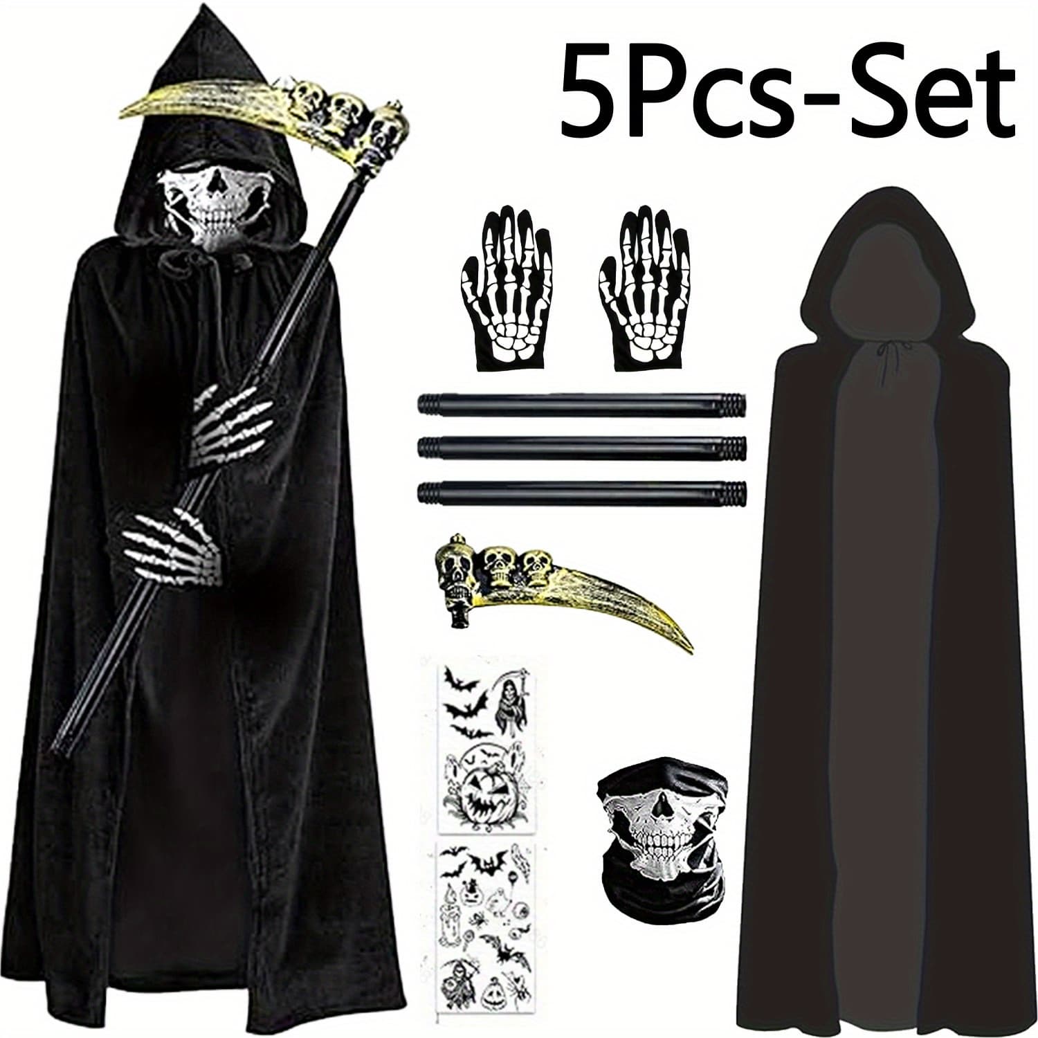 TEMU 5 Halloween " Reaper" Sets, Including Cape, Mask, Gloves, , And Stickers, Perfect For Christmas-themed Parties.